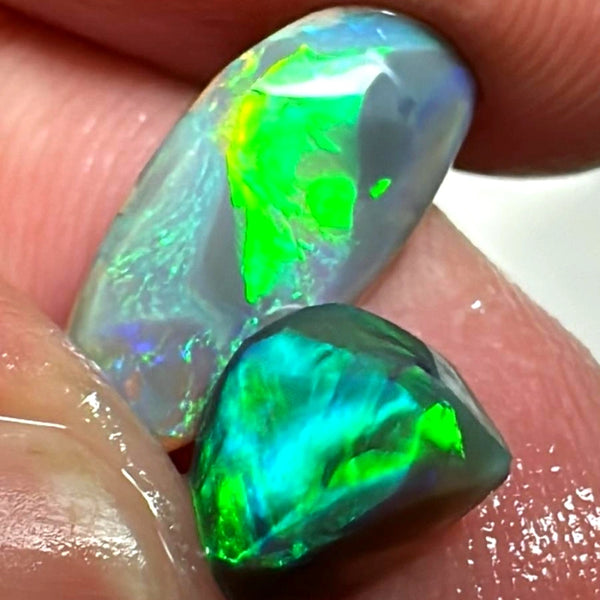 Lightning Ridge Rough / Rub Dark opal Pair Miners Bench® 3.1cts Exotic Super Bright Vibrant & Vivid Multifires 13x6x2mm & 8x6x3mm WAB55