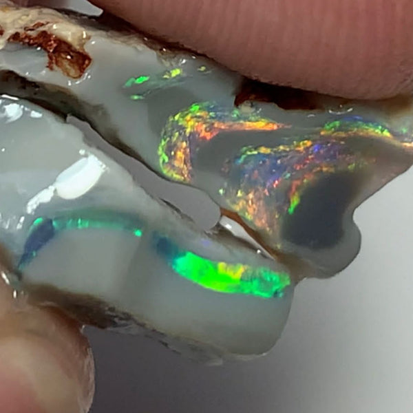 Australian Rough Opal 17cts Exquisite Pair Handpicked Select Semi Black Seams lots of Super Bright Multi colour fires to Cut 22x19x4mm & 20x9x8mm WSE678