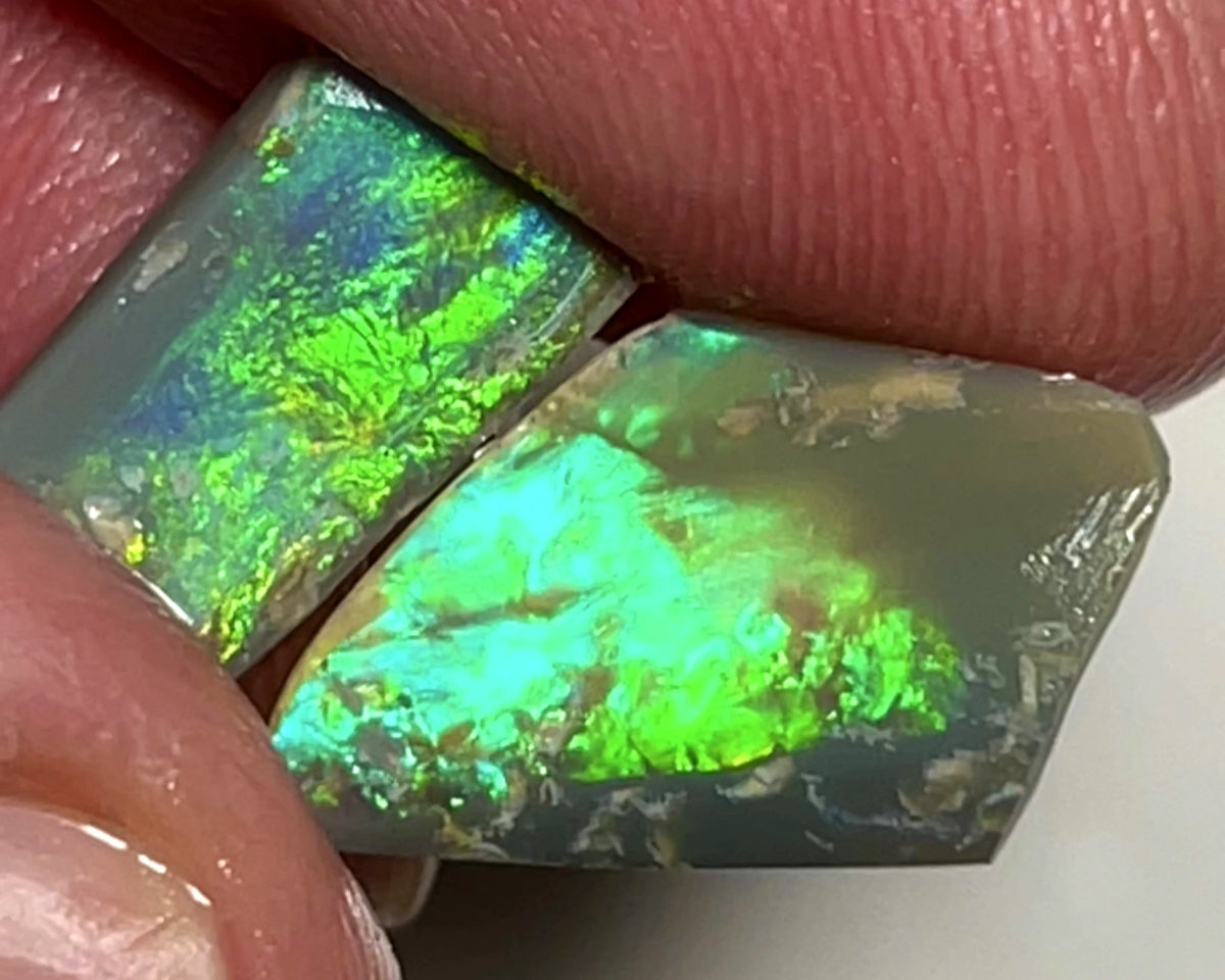 Australian Opal Rubs rough Pair 3.25cts Green dominant Bright Vivid Multifires to faces 12x9xx1 & 12x7x2MMs WAE67