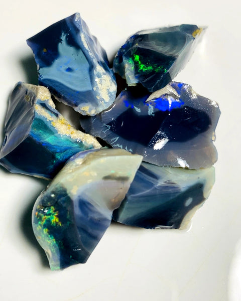 Lightning Ridge Rough Black & Dark Seam Opal Chunks Parcel 75cts Lots of Potential & Cutters Lots Bright colours & bars 17x15x10mm to 15x10x8mm WAB19