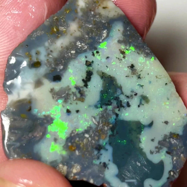 Lightning Ridge Opal Rough n Rub Dark base Monster Seam 110cts Bright Green Dominant Multifires 45x40x10mm 1006