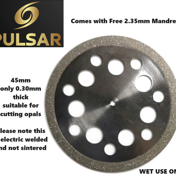 Diamond Opal Cutting wheel Slicer cutter 45mm Diameter & Only 0.3mm thick blade + 2.35mm MANDREL fit dremel & other Multitools with 2.35mm fittings