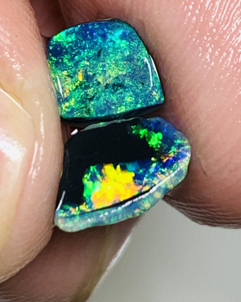 Australian Rough Opal Lightning Ridge Mulga ® Black 2.7ct Little pair RUBs Black base Gorgeous Bright Multi fires 8x6x5mm & 7x6x4mm ET6297