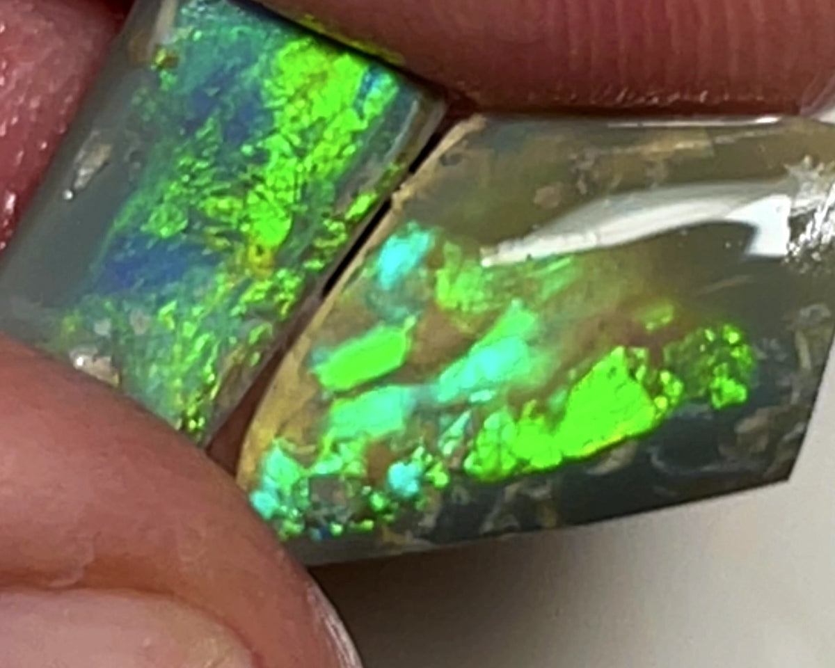 Australian Opal Rubs rough Pair 3.25cts Green dominant Bright Vivid Multifires to faces 12x9xx1 & 12x7x2MMs WAE67