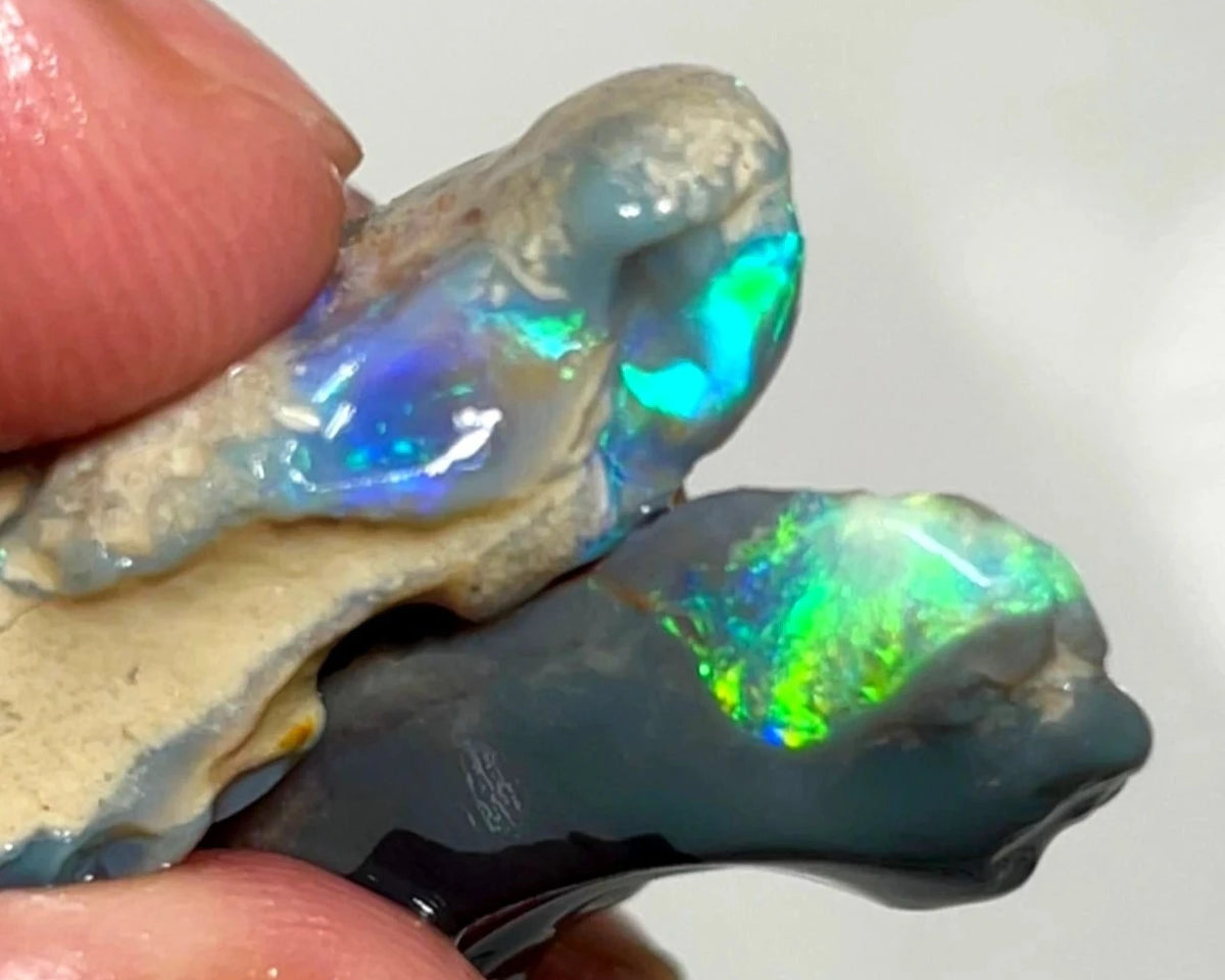 Lightning Ridge 33cts Nice pair of Dark base Crystal Opal formations rough to cut/carve Gorgeous Bright Multicolours 30x14x5 & 27x12x8 mm WAE65