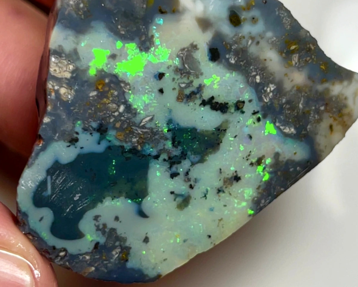 Lightning Ridge Opal Rough n Rub Dark base Monster Seam 110cts Bright Green Dominant Multifires 45x40x10mm 1006