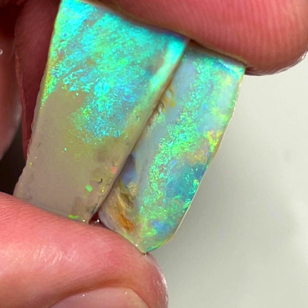 Lightning Ridge Dark Crystal Opal Big Pair of Rough Rub 15.75cts Sharp Bright Green Dominant fires 24x12x3mm & 24x8x2mm 1019