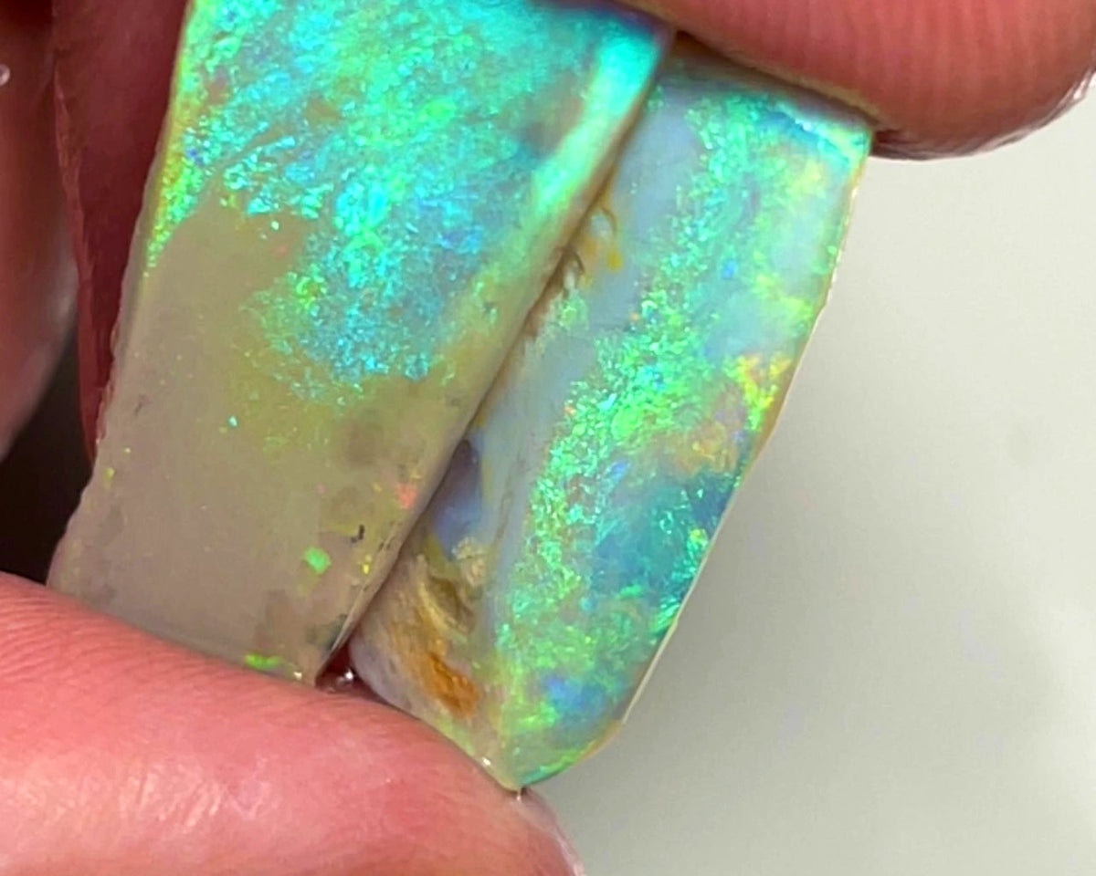 Lightning Ridge Dark Crystal Opal Big Pair of Rough Rub 15.75cts Sharp Bright Green Dominant fires 24x12x3mm & 24x8x2mm 1019