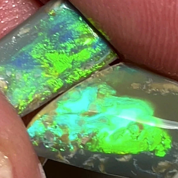 Australian Opal Rubs rough Pair 3.25cts Green dominant Bright Vivid Multifires to faces 12x9xx1 & 12x7x2MMs WAE67