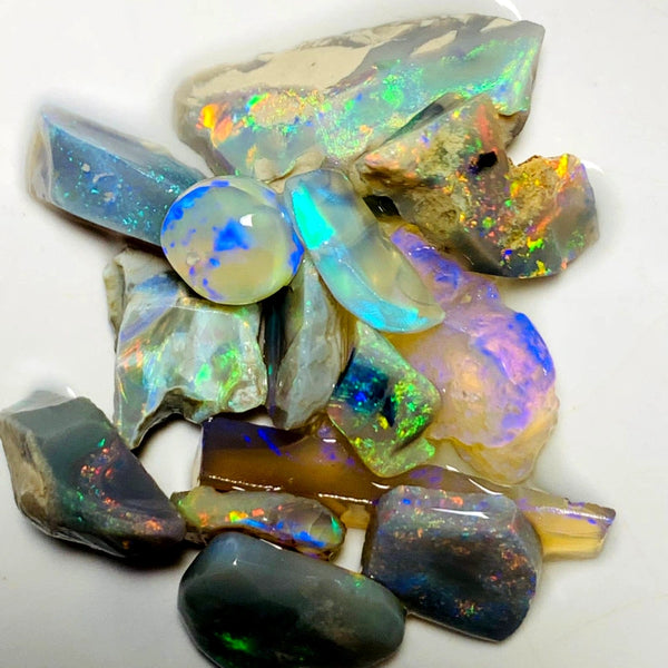 Lightning Ridge Opal Rough n Rub Parcel Dark & Crystal From the Miners Bench® 44cts Bright Multifires 23x9x6mm to 8x7x3mm WSY94