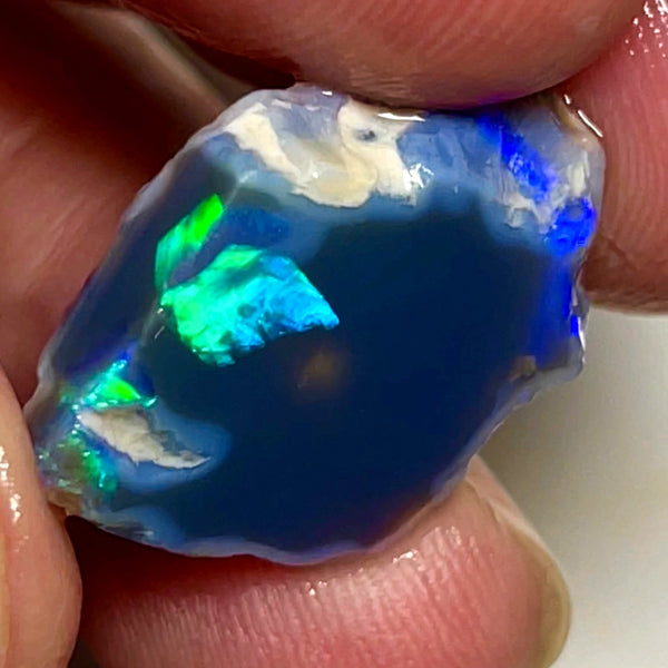 Lightning Ridge Opal Miners Bench® Black Base Seam Rough / Slice / Rub 11.5cts Bright Vibrant Blue Green & Yellow fires 22x15x6mm WAD34