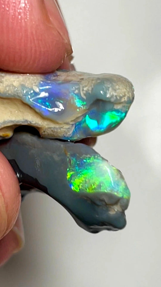 Lightning Ridge 33cts Nice pair of Dark base Crystal Opal formations rough to cut/carve Gorgeous Bright Multicolours 30x14x5 & 27x12x8 mm WAE65