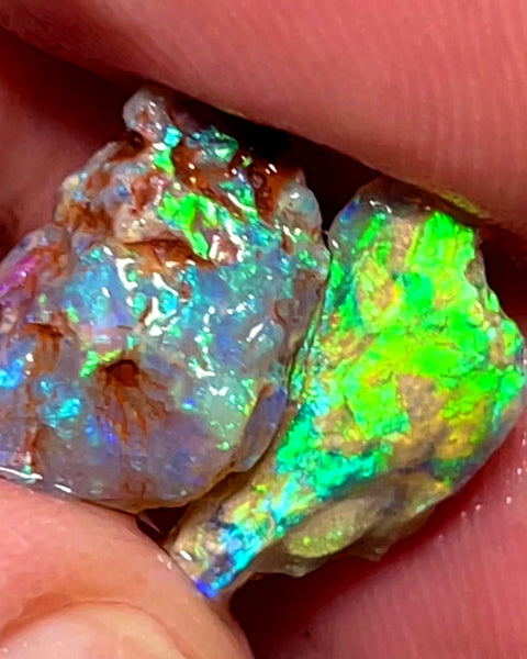 Lightning Ridge 8cts Bright pair of gorgeous Dark base Crystal knobby Opal rough to cut/carve Bright Multicolours 17x9x7mm & 16x7x6mm 1104