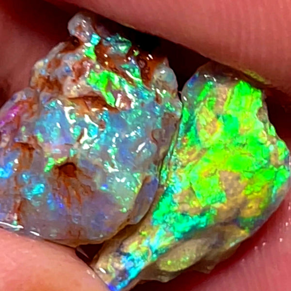 Lightning Ridge 8cts Bright pair of gorgeous Dark base Crystal knobby Opal rough to cut/carve Bright Multicolours 17x9x7mm & 16x7x6mm 1104