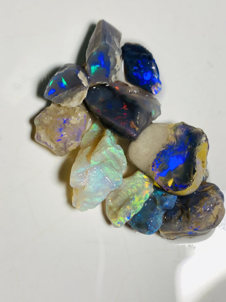 Lightning Ridge Rough Opal Parcel 37cts Black & Semi Black & Crystal High Grade Very Bright Lovely colourful material for cutters 18x8x7mm & 9x6x2mm WST14