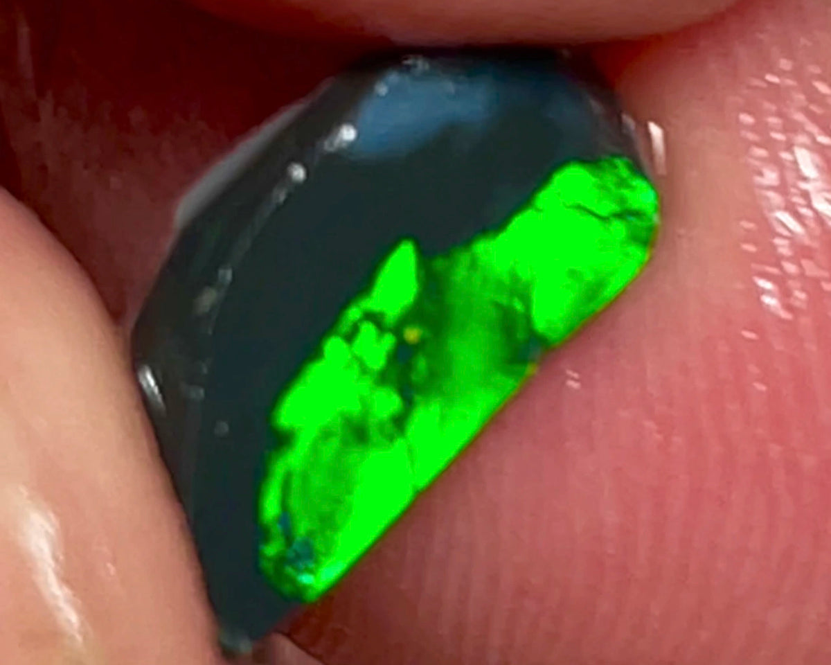 Lightning Ridge Opal Miners Bench® Black Base Seam Rough Rub 1.175cts Vivid Bright Green fires 11x6x1.5mm NSW015