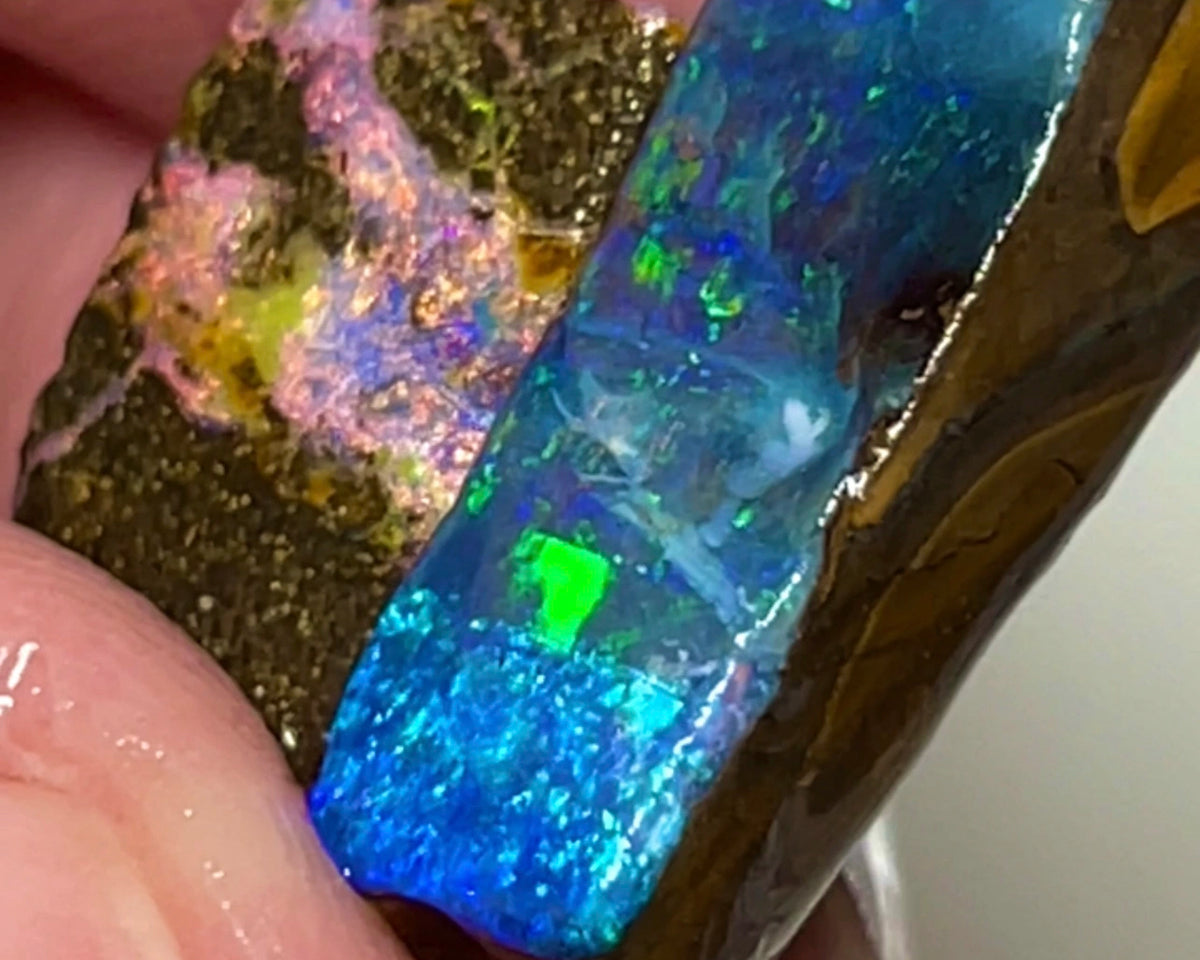 Bling Bling Boulder opal 20cts rough / Rubs Gem Winton Bright & Gorgeous Pinks/Greens/Blues Multifires 20x7x5mm to 14x8x4mm AUCTION NSA009