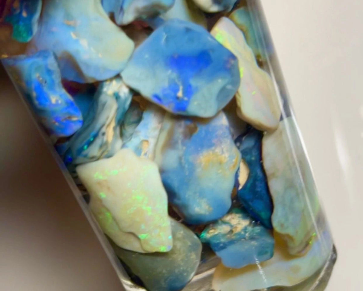 Lightning Ridge Rough Seam Opal Parcel 315cts Nice Sized Dark Seams with lots Potential & some Cutters Lots Bright colours mostly Blues 27x18x5mm to 13x12x4mm NSW006