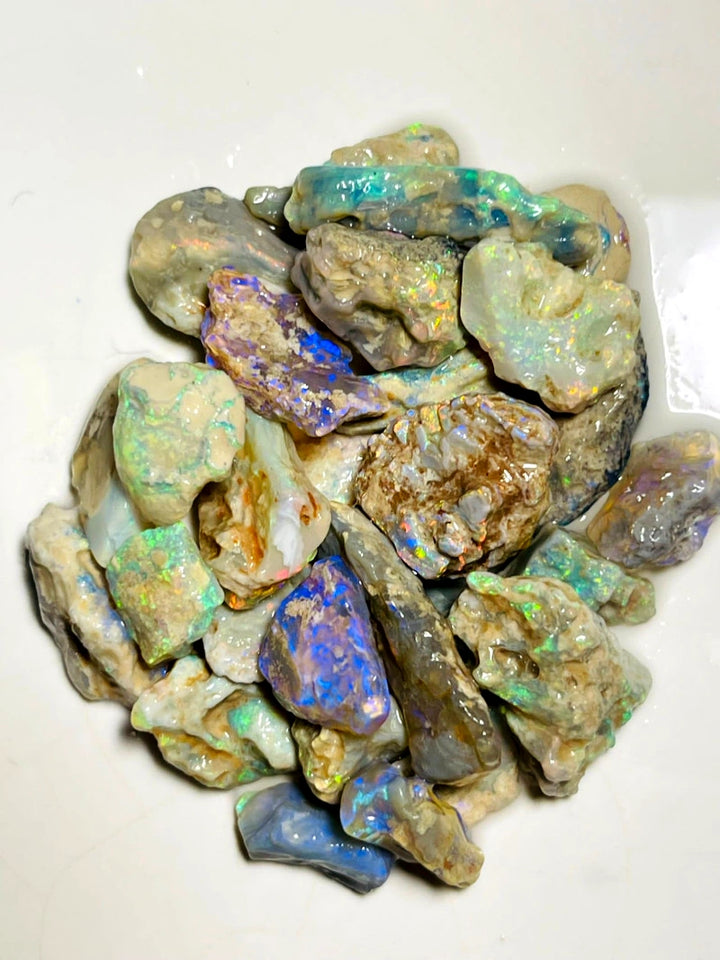 Lightning Ridge Rough  Dark & Crystal Knobby Seams Opal Parcel 120cts Lots of Potential & Cutters Bright Multicolours 24x8x5mm to 10x9x3mm WAC23