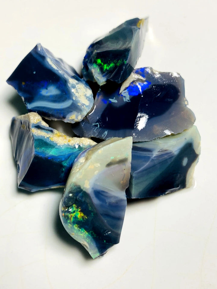 Lightning Ridge Rough Black & Dark Seam Opal Chunks Parcel 75cts Lots of Potential & Cutters Lots Bright colours & bars 17x15x10mm to 15x10x8mm WAB19