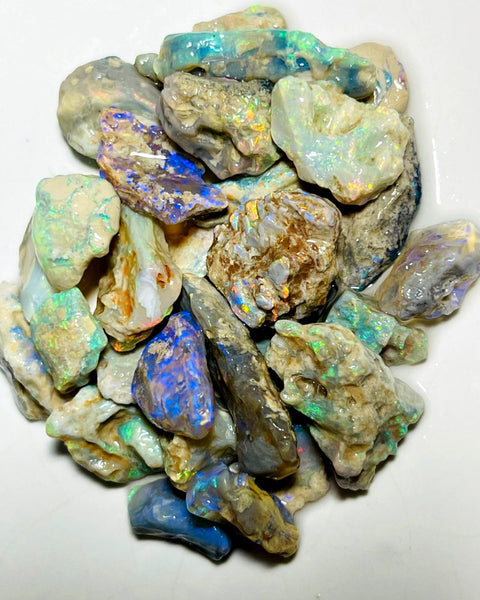 Lightning Ridge Rough  Dark & Crystal Knobby Seams Opal Parcel 120cts Lots of Potential & Cutters Bright Multicolours 24x8x5mm to 10x9x3mm WAC23