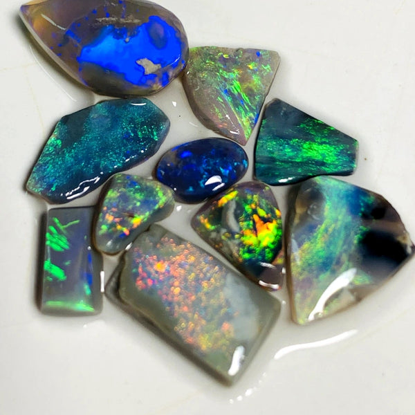 OPAL MONTH SPECIAL Lightning Ridge Opal Rough Rub Preform Parcel Black Dark & Crystal Miners Bench® 15.75cts Stunning Bright Multifires & patterns to faces 15x8x6mm to 6x3x2mm WAA15