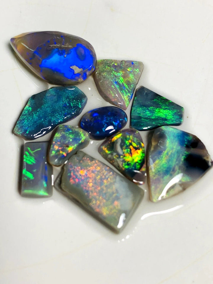 OPAL MONTH SPECIAL Lightning Ridge Opal Rough Rub Preform Parcel Black Dark & Crystal Miners Bench® 15.75cts Stunning Bright Multifires & patterns to faces 15x8x6mm to 6x3x2mm WAA15