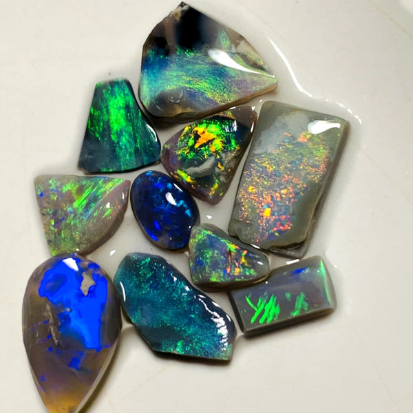 OPAL MONTH SPECIAL Lightning Ridge Opal Rough Rub Preform Parcel Black Dark & Crystal Miners Bench® 15.75cts Stunning Bright Multifires & patterns to faces 15x8x6mm to 6x3x2mm WAA15