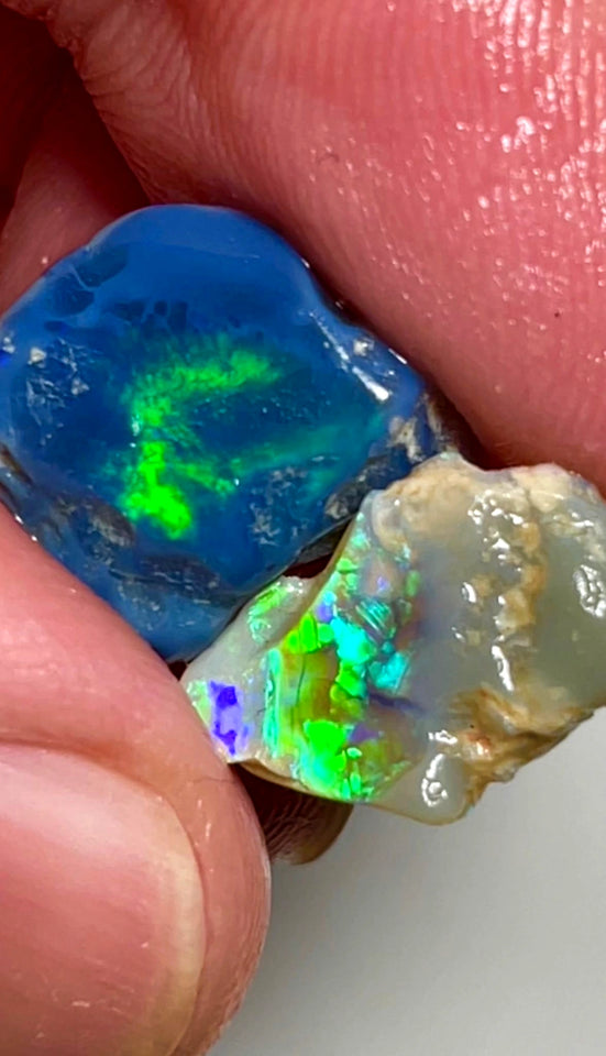 Lightning Ridge 9.5cts Bright & gorgeous Opal rough pair Stunning Green Blue fires 12x11x5 & 14x9x4 mm 1127