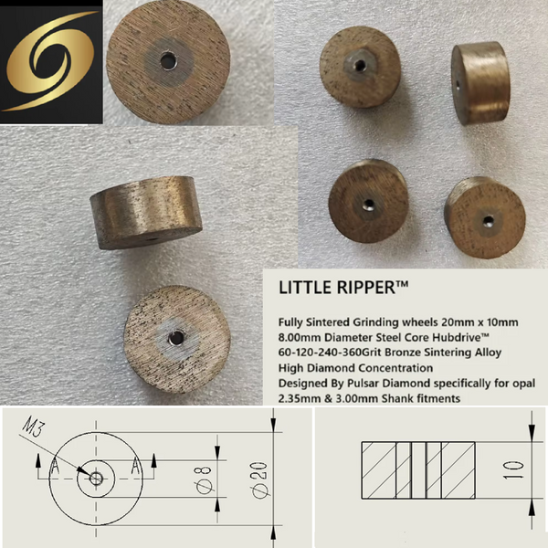 New for 2025 PULSAR DIAMOND® Fully Sintered Grinding wheels 20mm x 10mm 60-120-240-360Grit Bronze High Diamond Concentration Designed for opal LITTLE RIPPER™ Hubdrive™ M3 Screw on Grinding/Burr wheels Lapidary rotary tools carving 2.35mm or 3.00mm shanks