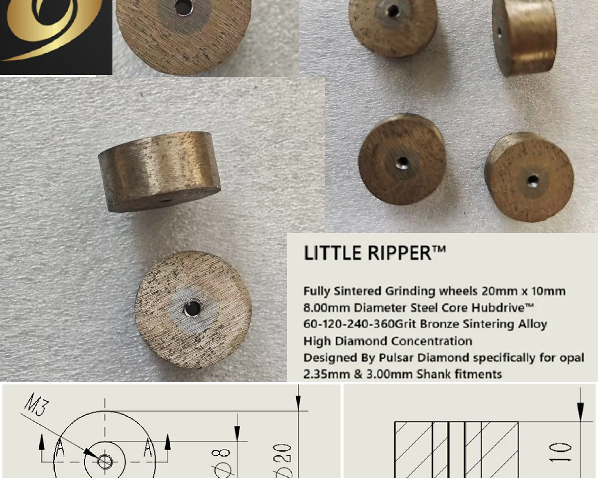 New for 2025 PULSAR DIAMOND® Fully Sintered Grinding wheels 20mm x 10mm 60-120-240-360Grit Bronze High Diamond Concentration Designed for opal LITTLE RIPPER™ Hubdrive™ M3 Screw on Grinding/Burr wheels Lapidary rotary tools carving 2.35mm or 3.00mm shanks