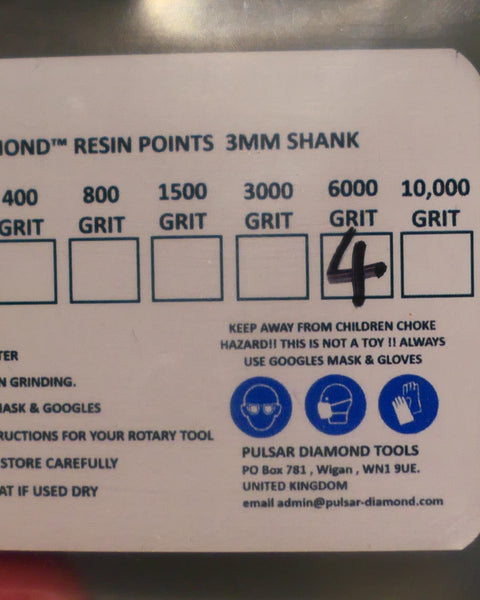 PULSAR™ DIAMOND RESIN POINTS MK2'S COLOUR CODED LAPIDARY BURRS FOR DREMEL & ROTARY TOOLS 3MM SHAFT POLISH SET 4x 6,000 GRITS