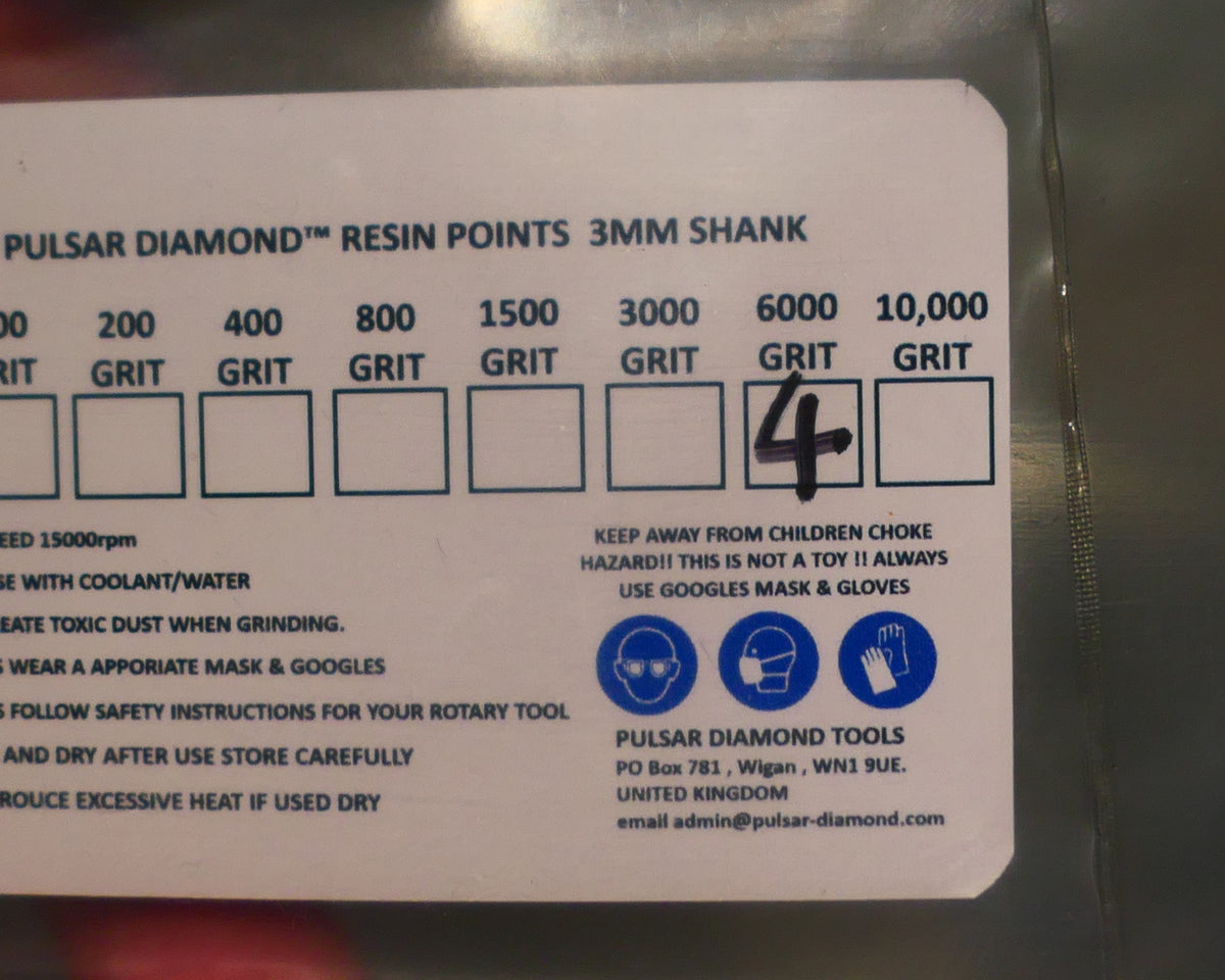 PULSAR™ DIAMOND RESIN POINTS MK2'S COLOUR CODED LAPIDARY BURRS FOR DREMEL & ROTARY TOOLS 3MM SHAFT POLISH SET 4x 6,000 GRITS