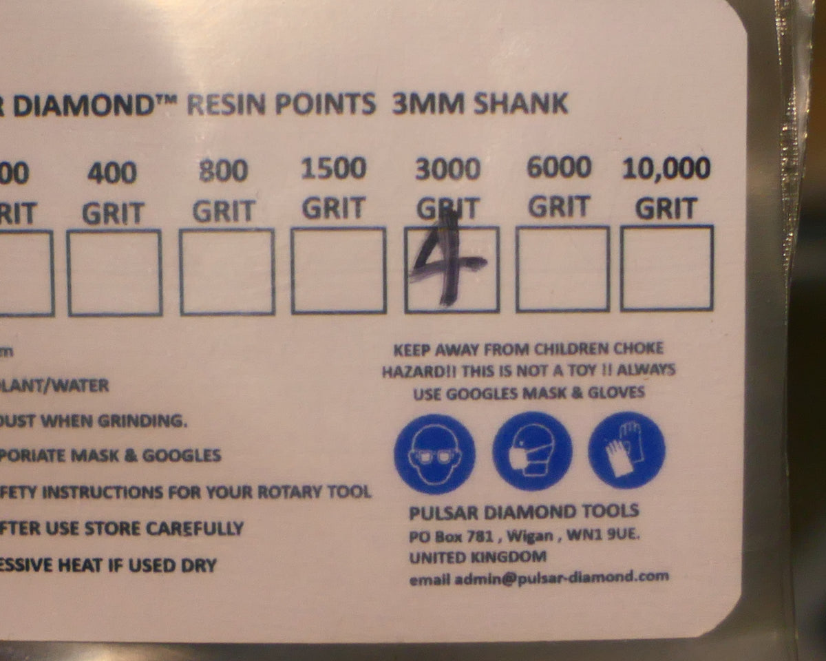 PULSAR™ DIAMOND RESIN POINTS MK2'S COLOUR CODED LAPIDARY BURRS FOR DREMEL & ROTARY TOOLS 3MM SHAFT POLISH SET 4x 3,000 GRITS