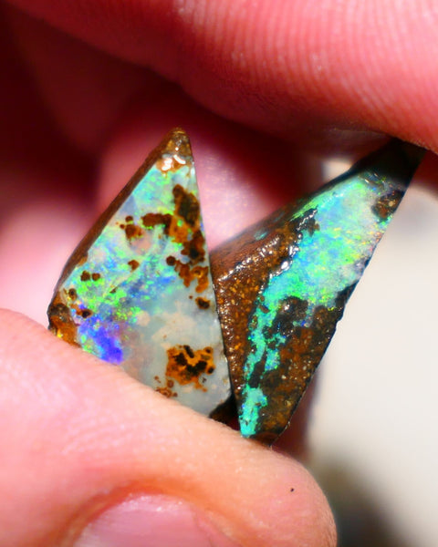 Queensland Boulder opal Stunning pair 17cts rough rubs Winton gorgeous faces with Bright Multifires 22x8x8mm & 17x10x7mm BO-005