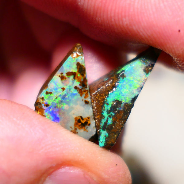 Queensland Boulder opal Stunning pair 17cts rough rubs Winton gorgeous faces with Bright Multifires 22x8x8mm & 17x10x7mm BO-005