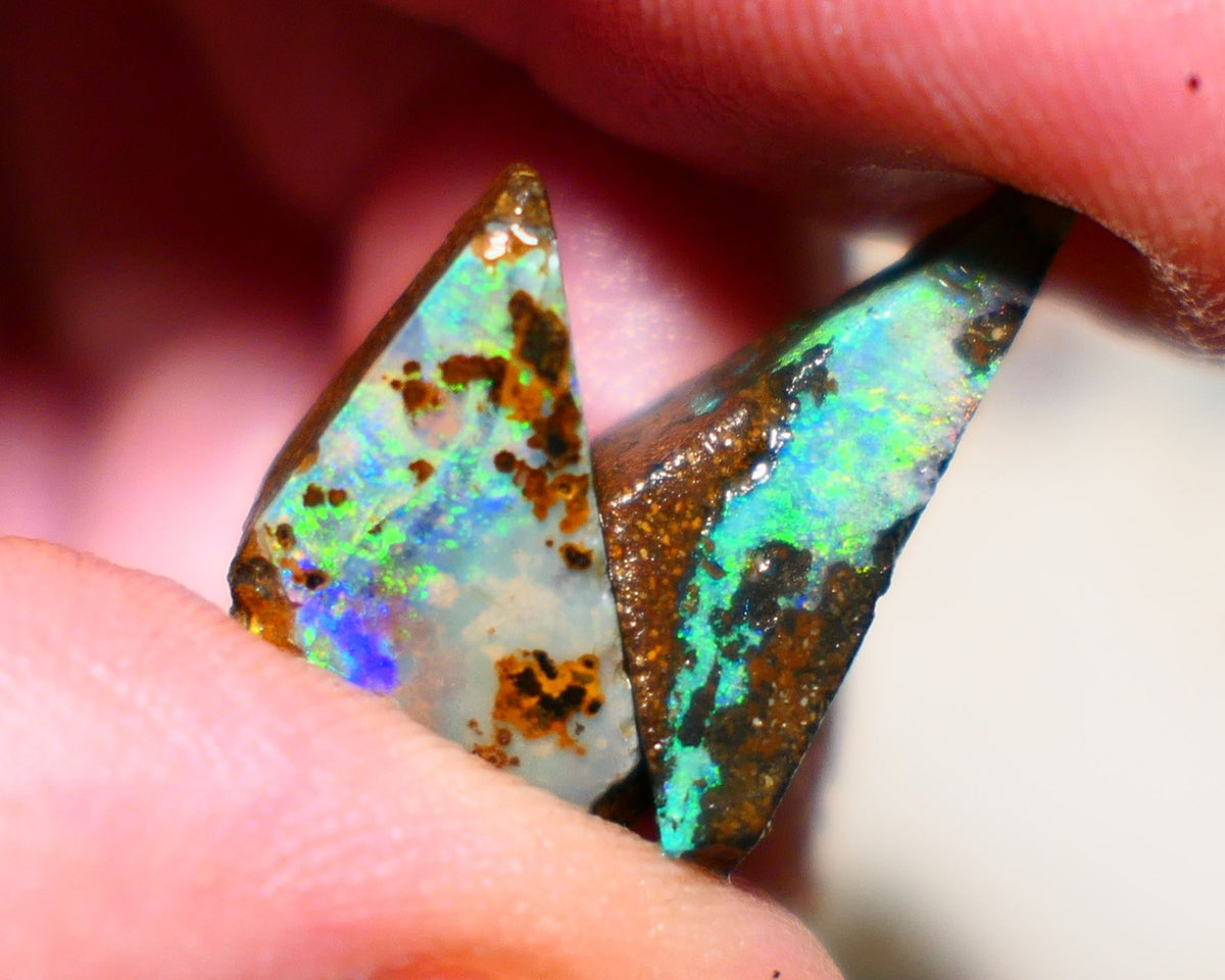 Queensland Boulder opal Stunning pair 17cts rough rubs Winton gorgeous faces with Bright Multifires 22x8x8mm & 17x10x7mm BO-005