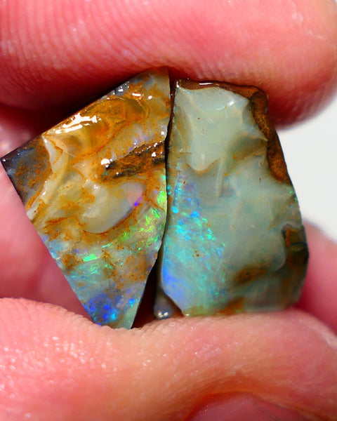 Queensland Boulder opal Stunning pair 30cts rough rubs Winton gorgeous faces with Bright Multifires 19x11x10mm & 16x12x10mm BO-019