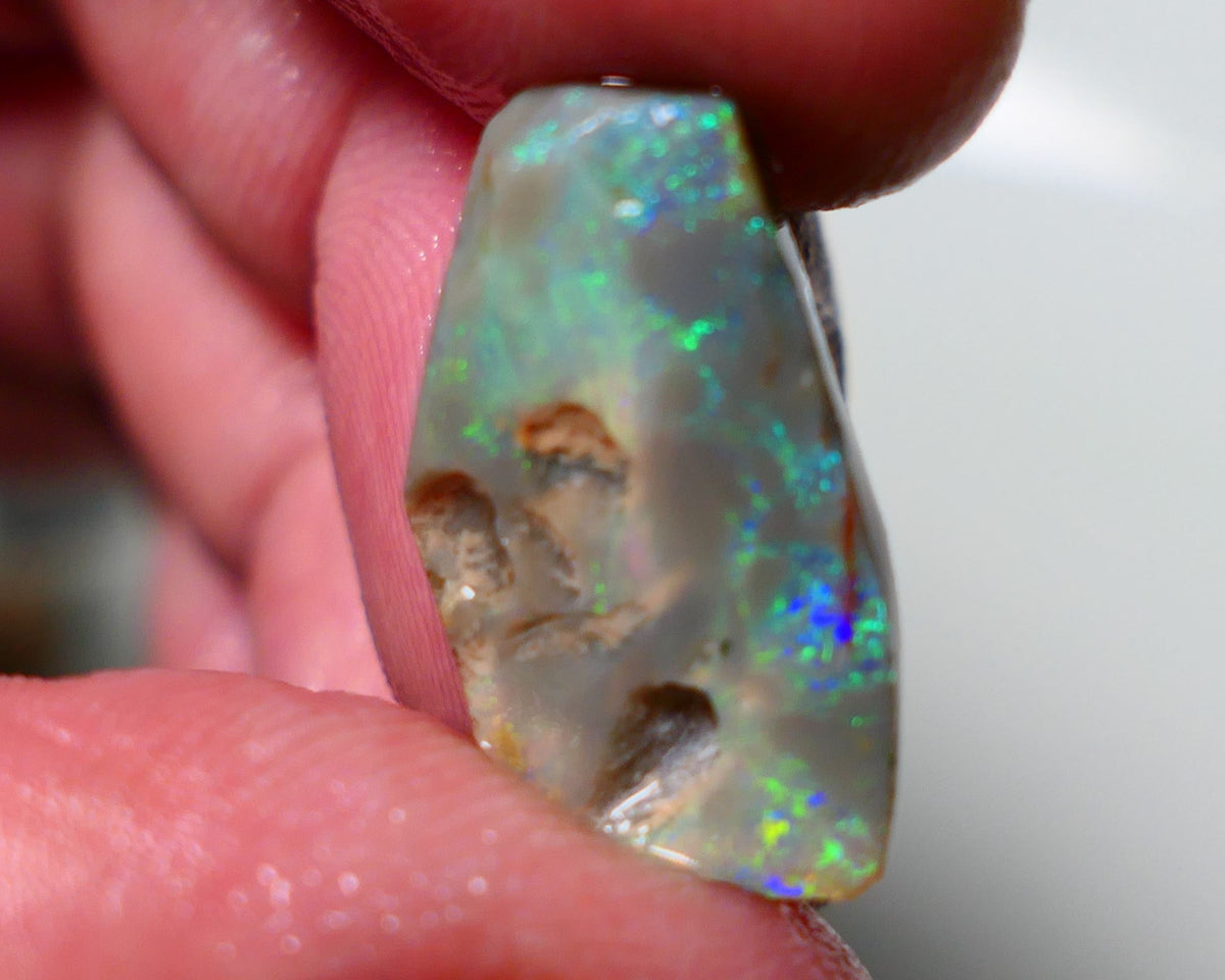 Lightning Ridge Rough Rub Opal 5.75cts Dark Seam showing areas of nice Bright Multifires 21x12x4mm 1311