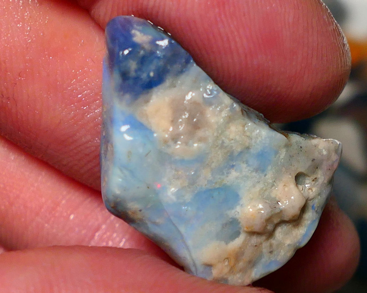 Lightning Ridge Rough Opal 18cts Dark Seam opal formation showing lots of light blues 27x19x7mm 1402