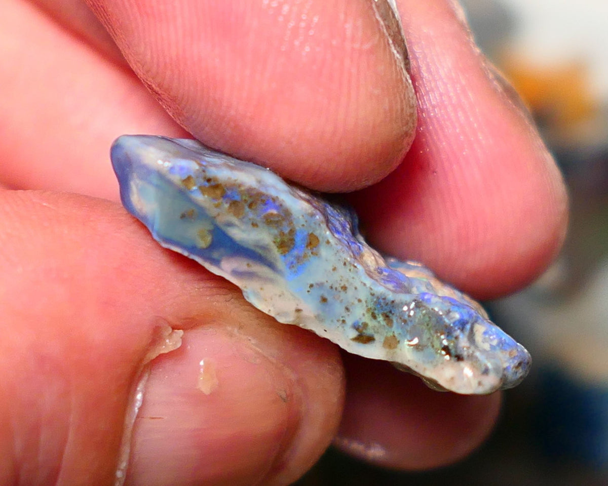 Lightning Ridge Rough Opal 18cts Dark Seam opal formation showing lots of light blues 27x19x7mm 1402