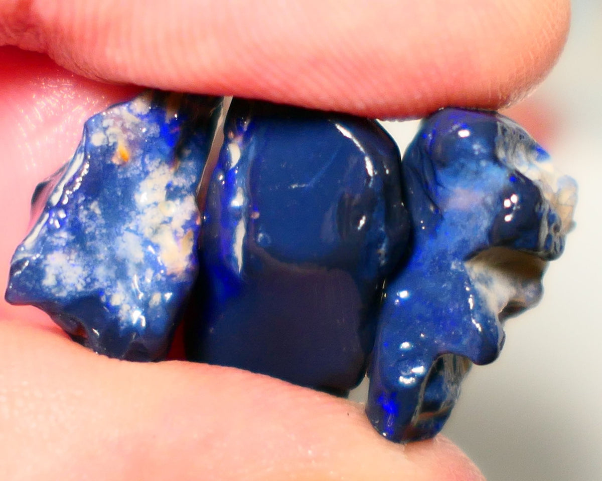 Lightning Ridge Rough Opal 26cts Blacks seams Trio showing some Blue fires 22x12x8mm to 16x9x7mm A1516