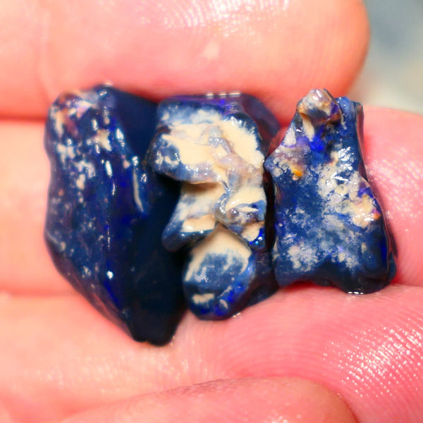 Lightning Ridge Rough Opal 26cts Blacks seams Trio showing some Blue fires 22x12x8mm to 16x9x7mm A1516