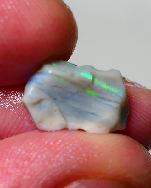 Lightning Ridge Rough Opal 3.25cts Dark Base Seam showing Stunning Banding Of Vibrant Electric Greens & some blues 15x9x3mm A1543