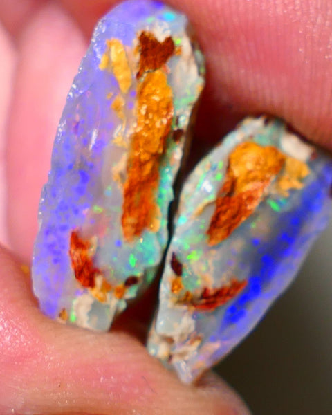 Lightning Ridge 18cts Bright & gorgeous Dark base Crystal Knobby/Opalised fossil Split rough to cut/carve Vibrant Blues and Multicolours 22x13x7mm & 18x10x9mm NSW001