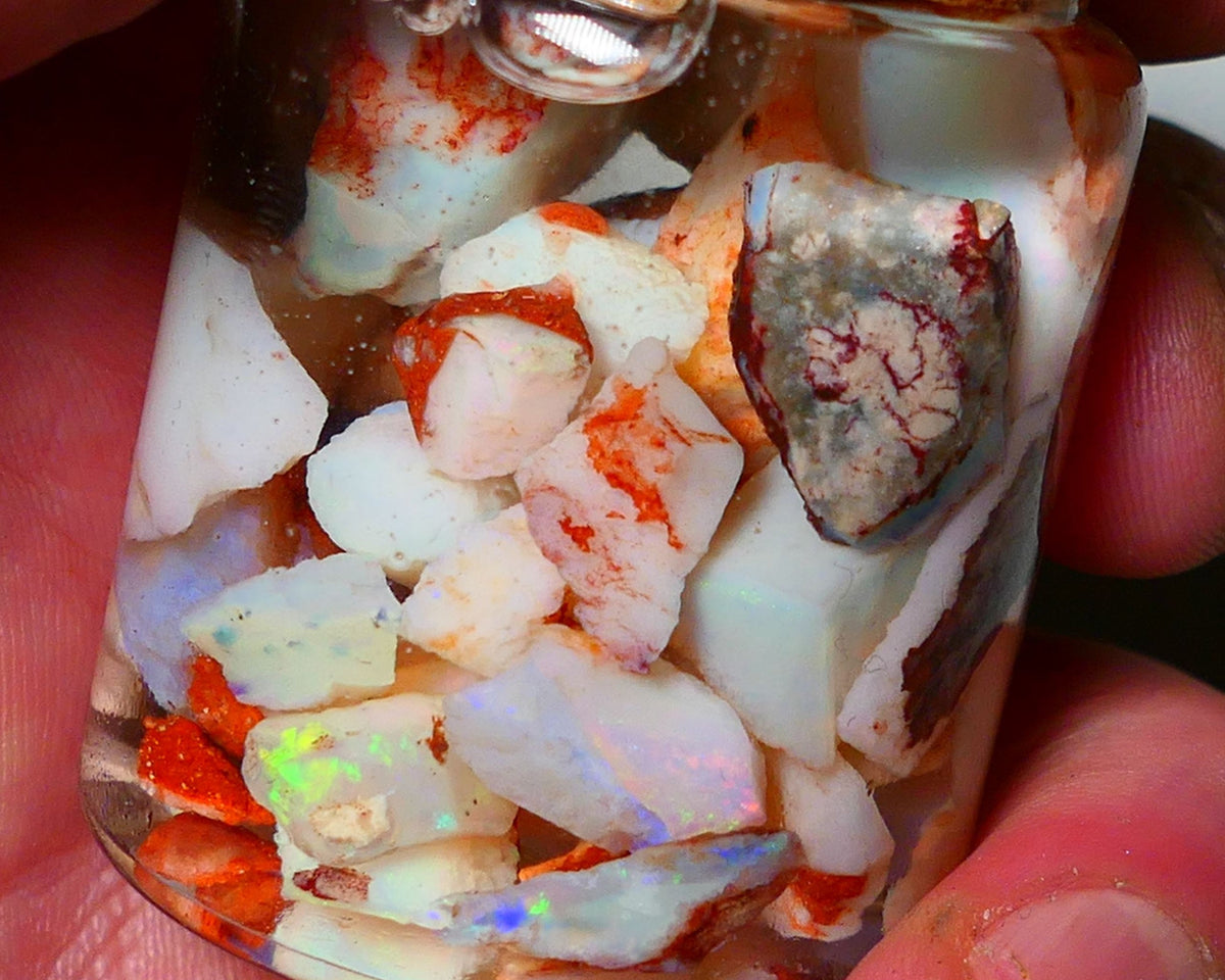 Coober Pedy Opal Rough Parcel Light & Crystal 120cts Gamble but has lots Multicolours / colours to go at 15mm to chip size CPJAR05