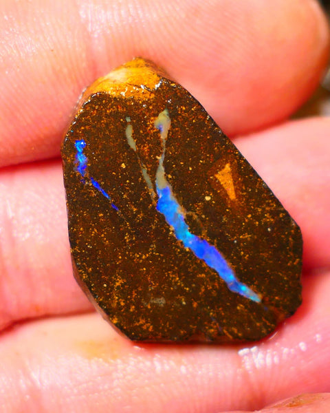 Queensland Boulder / Matrix opal 35cts rough/rub Winton Bright Green & Blue fires showing in a vein 29x20x5mm ALP012