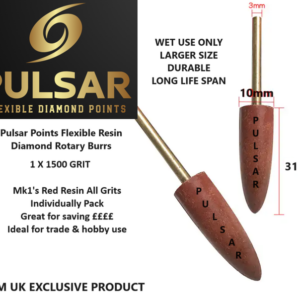 PULSAR™ DIAMOND RESIN POINTS LAPIDARY BURR FOR DREMEL & ROTARY TOOLS 3MM SHAFT SINGLE 1500 GRIT nova