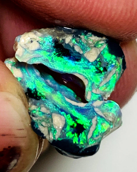 OPAL MONTH SPECIAL Lightning Ridge Rough Opal Black N1 Base Knobby Split 11cts Cutters Candy Exotic High Grade Super Bright Neon Green dominant fires 17x12x7mm & 15x7x7mm WSZ78