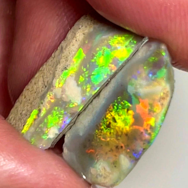 Australian Opal Rubs rough Pair 8cts Yellow/Orange dominant Bright Vivid Multifires to faces 21x9x4 & 22x8x2 mm WAE36